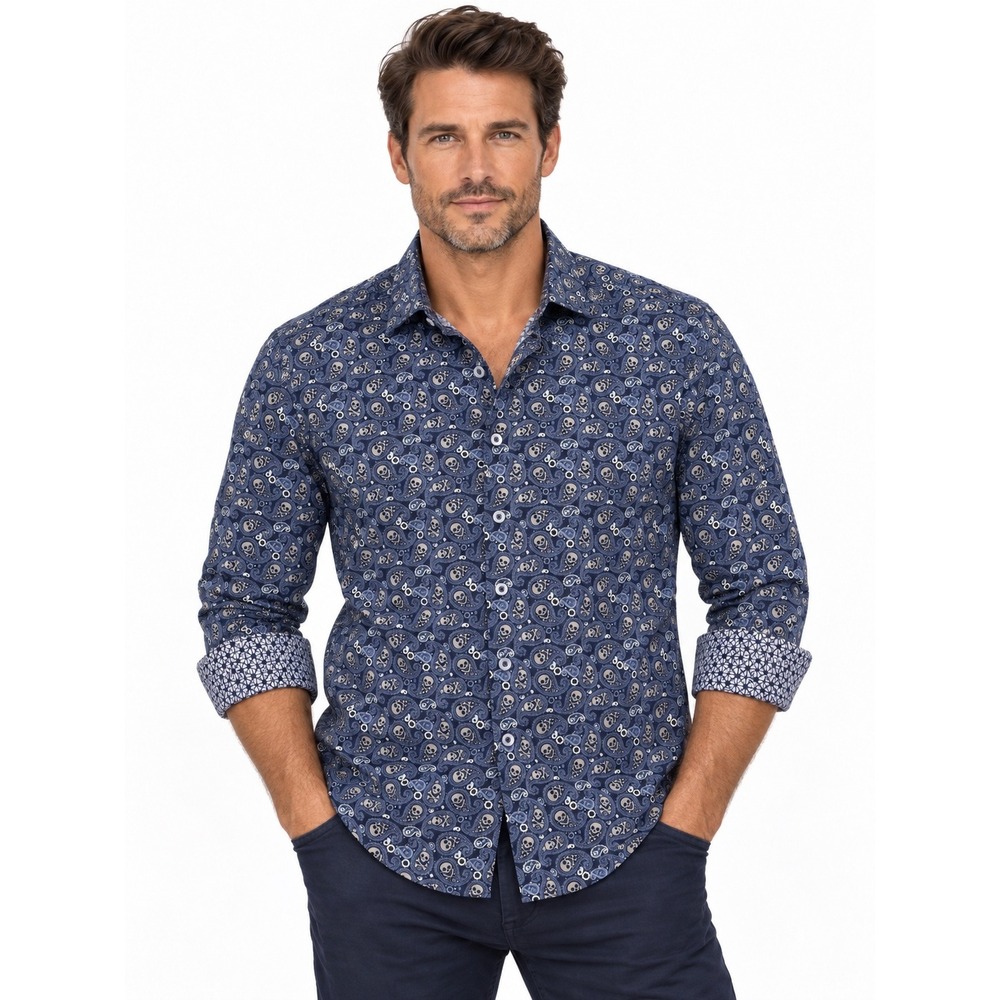 Johnston & Murphy Performance Shirt XXL Navy Paisley Skull Print Stretch 74-9459